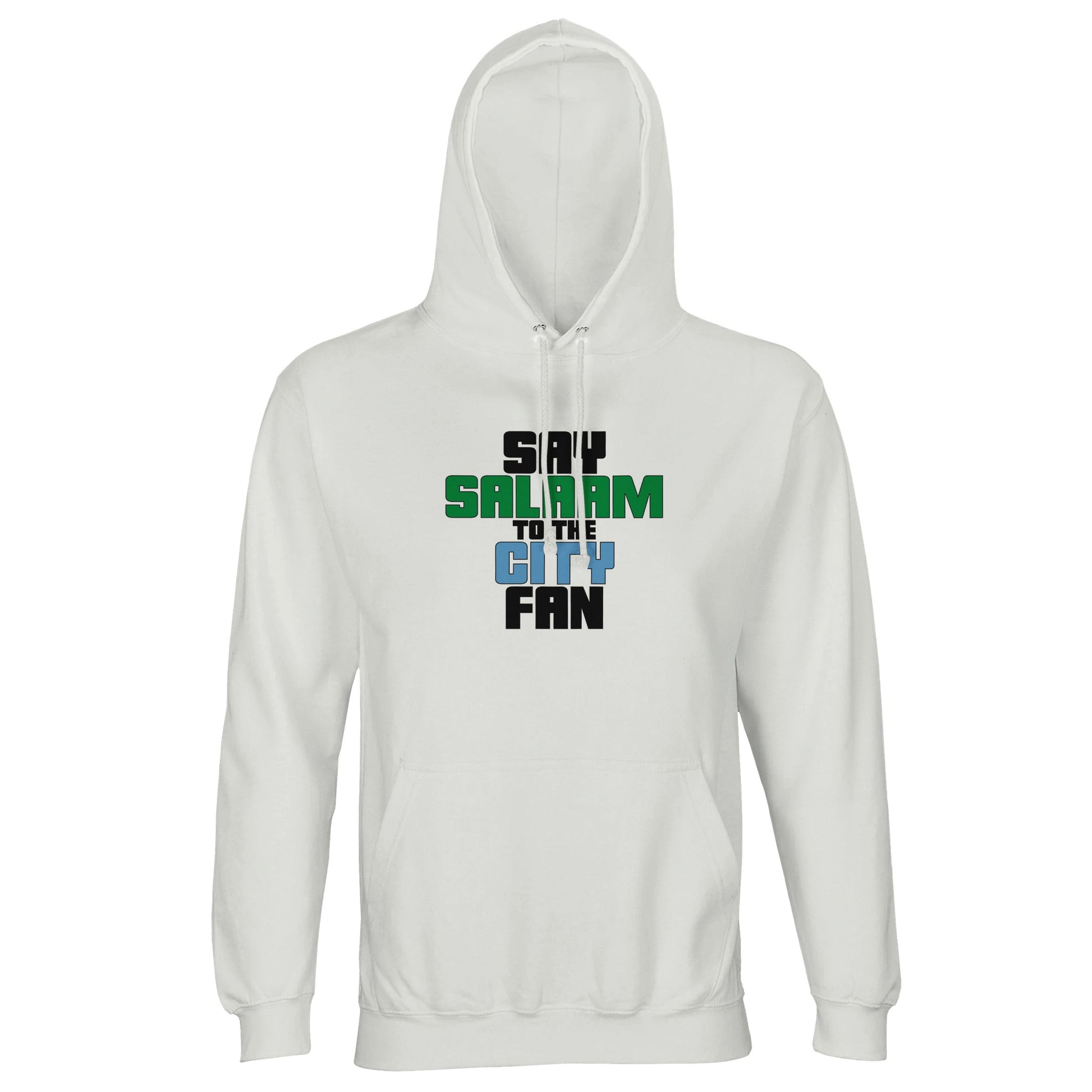 Say Salaam to the Manchester City Fan Original Part Recycled Poly-Cotton Hoodie. White / Platinum hooded top featuring bold, text-based design in Black, La Salle Green, and then Sky Blue - reflecting Man City’s colours. A fusion of football passion, faith, and sustainable fashion for supporters of Pep Guardiola's 2024 Premier League champions.