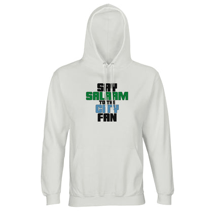 Say Salaam to the Manchester City Fan Original Part Recycled Poly-Cotton Hoodie. White / Platinum hooded top featuring bold, text-based design in Black, La Salle Green, and then Sky Blue - reflecting Man City’s colours. A fusion of football passion, faith, and sustainable fashion for supporters of Pep Guardiola's 2024 Premier League champions.