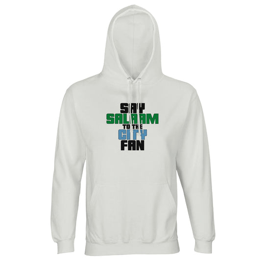 Say Salaam to the Manchester City Fan Original Part Recycled Poly-Cotton Hoodie. White / Platinum hooded top featuring bold, text-based design in Black, La Salle Green, and then Sky Blue - reflecting Man City’s colours. A fusion of football passion, faith, and sustainable fashion for supporters of Pep Guardiola's 2024 Premier League champions.