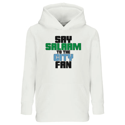 Say Salaam to the Manchester City Fan Original Part Recycled Kids Poly-Cotton Hoodie. White / Platinum children's hooded top featuring bold, text-based design in Black, La Salle Green, and then Sky Blue - reflecting Man City’s colours. A fusion of football passion, faith, and sustainable fashion for supporters of Pep Guardiola's 2024 Premier League champions.