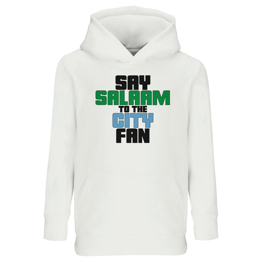 Say Salaam to the Manchester City Fan Original Part Recycled Kids Poly-Cotton Hoodie. White / Platinum children's hooded top featuring bold, text-based design in Black, La Salle Green, and then Sky Blue - reflecting Man City’s colours. A fusion of football passion, faith, and sustainable fashion for supporters of Pep Guardiola's 2024 Premier League champions.