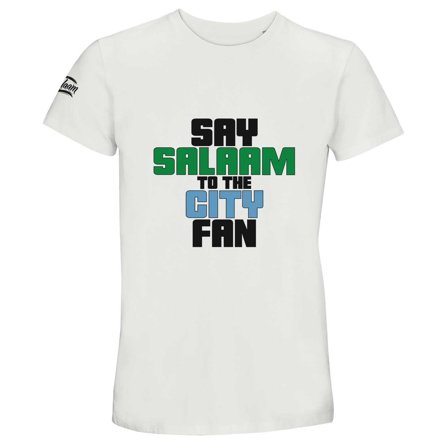 Say Salaam to the Manchester City Fan Original Recycled Unisex Cotton T-Shirt. White / Platinum t-shirt featuring bold, text-based design in Black, La Salle Green, and then Sky Blue - reflecting Man City’s colours. A fusion of football passion, faith, and sustainable fashion for supporters of Pep Guardiola's 2024 Premier League champions.