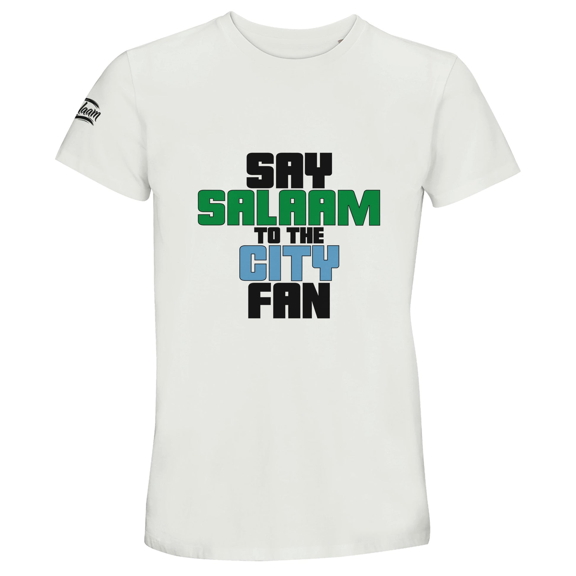 Say Salaam to the Manchester City Fan Original Recycled Unisex Cotton T-Shirt. White / Platinum t-shirt featuring bold, text-based design in Black, La Salle Green, and then Sky Blue - reflecting Man City’s colours. A fusion of football passion, faith, and sustainable fashion for supporters of Pep Guardiola's 2024 Premier League champions.