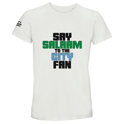Say Salaam to the Manchester City Fan Original Recycled Unisex Cotton T-Shirt. White / Platinum t-shirt featuring bold, text-based design in Black, La Salle Green, and then Sky Blue - reflecting Man City’s colours. A fusion of football passion, faith, and sustainable fashion for supporters of Pep Guardiola's 2024 Premier League champions.