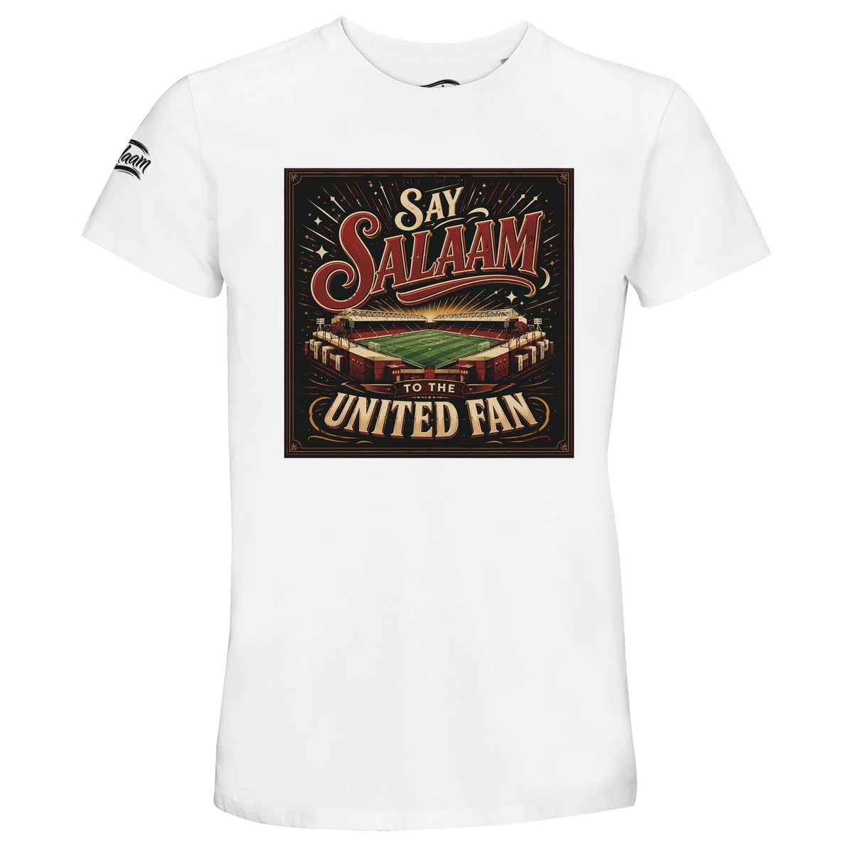 Say Salaam to the Manchester United Fan Design #1 50% Recycled Unisex Cotton T-Shirt – White / Platinum. A Say Salaam graphic T-shirt for Manchester United supporters in White / Platinum. Its fan slogan makes an alternative to conventional club merchandise for casual outfits, matchday gatherings and football-themed gifts.
