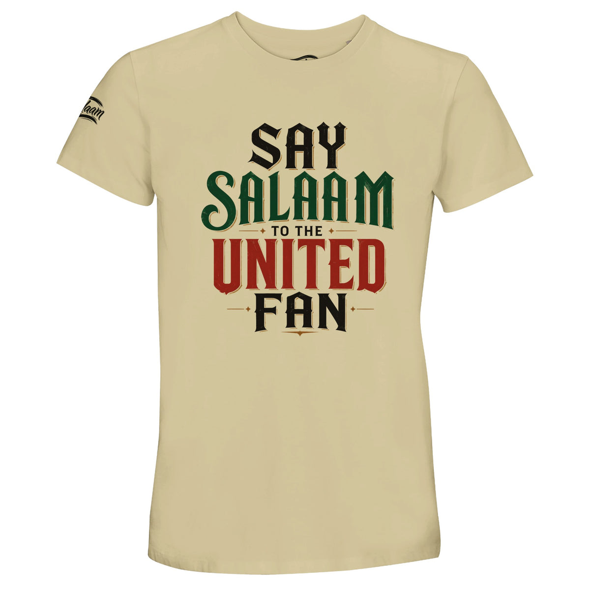 Say Salaam to the Manchester United Fan Design #2 50% Recycled Unisex Cotton T-Shirt – Natural / Moon Mist / Satin Linen. A Say Salaam graphic T-shirt for Manchester United supporters in Natural / Moon Mist / Satin Linen. Its fan slogan makes an alternative to conventional club merchandise for casual outfits, matchday gatherings and football-themed gifts.