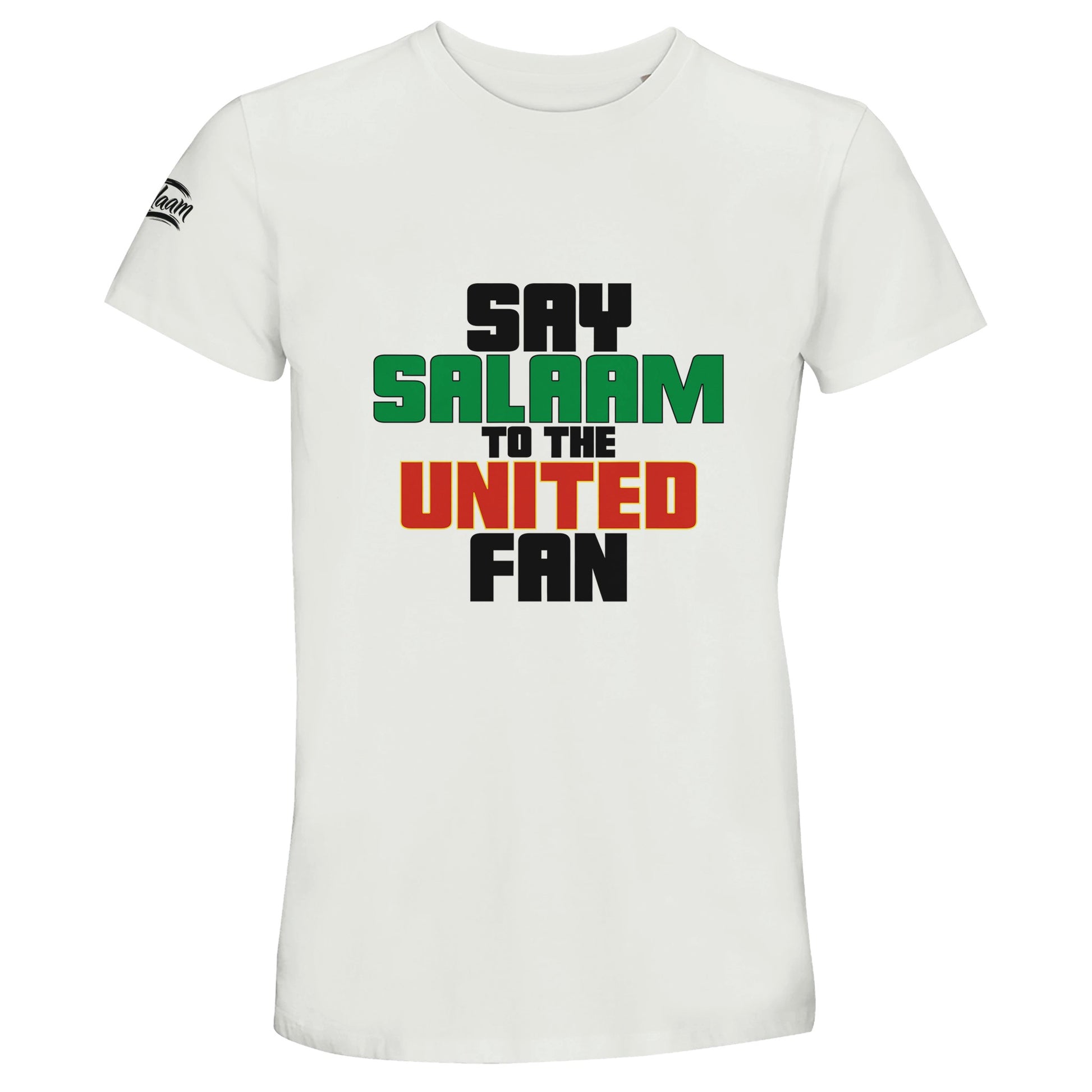 Say Salaam to the Manchester United Fan Original 50% Recycled Unisex Cotton T-Shirt – White / Platinum featuring bold, text-based design in Black, La Salle Green and Thunderbird Red. This streetwear-inspired tee celebrates the Red Devils – from Old Trafford matchdays to the legacy of Sir Alex Ferguson, Cristiano Ronaldo, and the 1999 treble. For fans checking the score, repping Stretford End pride, and keeping the Busby Babe spirit alive – whether watching live or scrolling transfer rumours.