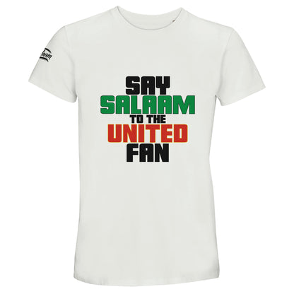 Say Salaam to the Manchester United Fan Original 50% Recycled Unisex Cotton T-Shirt – White / Platinum featuring bold, text-based design in Black, La Salle Green and Thunderbird Red. This streetwear-inspired tee celebrates the Red Devils – from Old Trafford matchdays to the legacy of Sir Alex Ferguson, Cristiano Ronaldo, and the 1999 treble. For fans checking the score, repping Stretford End pride, and keeping the Busby Babe spirit alive – whether watching live or scrolling transfer rumours.