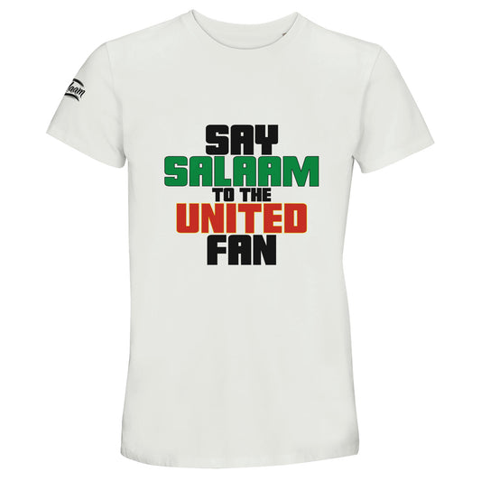 Say Salaam to the Manchester United Fan Original 50% Recycled Unisex Cotton T-Shirt – White / Platinum featuring bold, text-based design in Black, La Salle Green and Thunderbird Red. This streetwear-inspired tee celebrates the Red Devils – from Old Trafford matchdays to the legacy of Sir Alex Ferguson, Cristiano Ronaldo, and the 1999 treble. For fans checking the score, repping Stretford End pride, and keeping the Busby Babe spirit alive – whether watching live or scrolling transfer rumours.