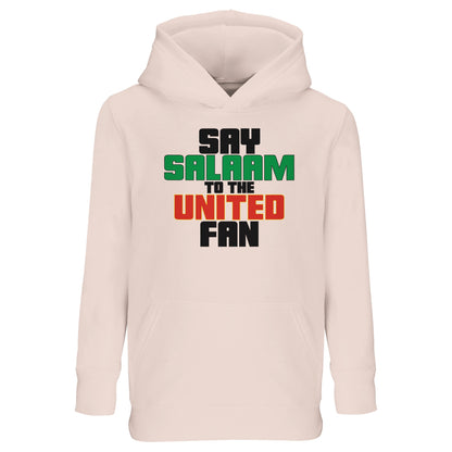 Say Salaam to the Manchester United Fan Original Part-Recycled Cotton-Poly Kids Hoodie – Creamy Pink / Oyster Pink featuring bold, text-based design in Black, La Salle Green and Thunderbird Red. This children’s streetwear-style hooded top celebrates the Red Devils – from Old Trafford matchdays to Sir Alex, Cristiano Ronaldo and the 1999 treble. For young fans checking scores, repping the Stretford End, and keeping the Busby Babe spirit alive — whether watching live or scrolling transfer rumours.