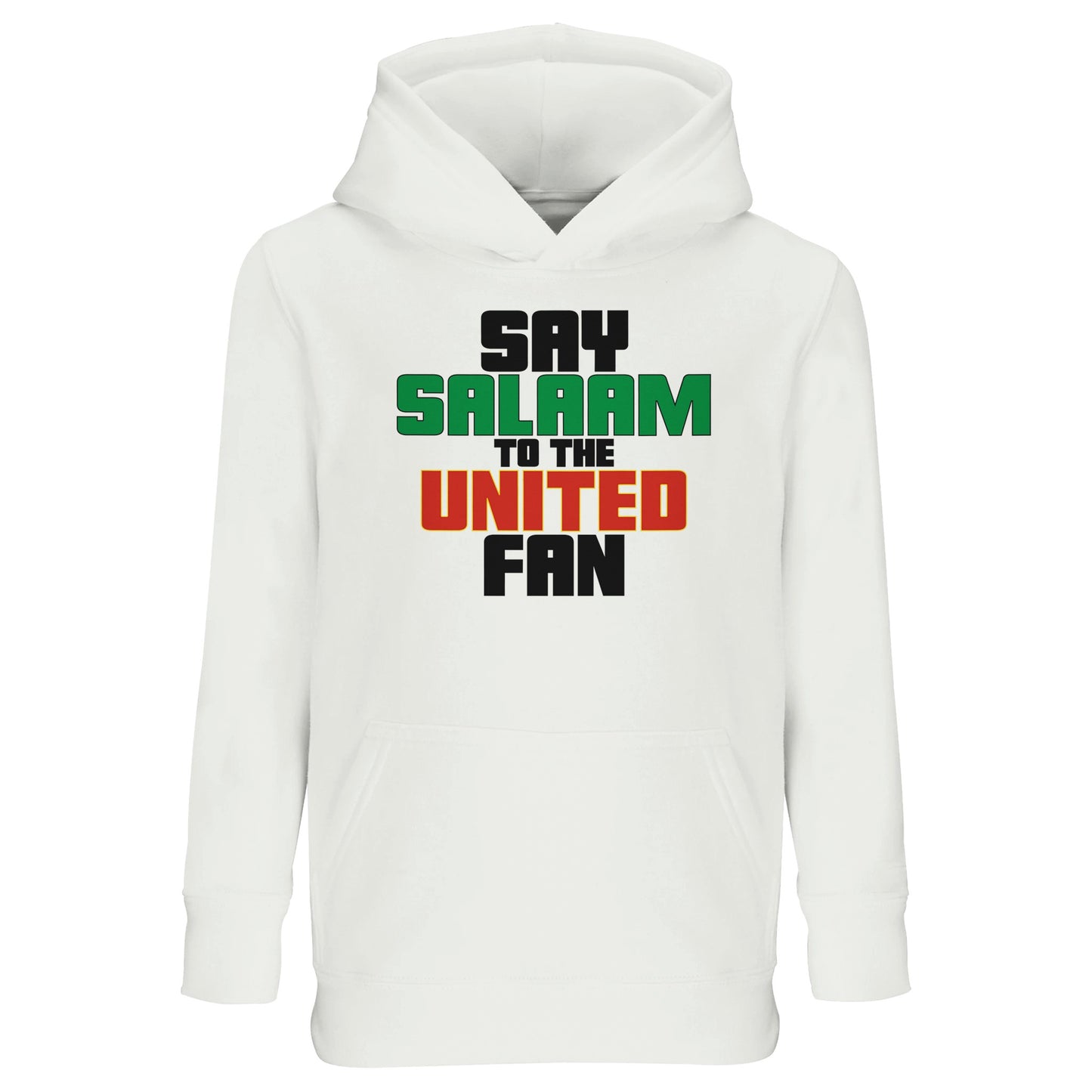 Say Salaam to the Manchester United Fan Original Part-Recycled Cotton-Poly Kids Hoodie – White / Platinum featuring bold, text-based design in Black, La Salle Green and Thunderbird Red. This children’s streetwear-style hooded top celebrates the Red Devils – from Old Trafford matchdays to Sir Alex, Cristiano Ronaldo and the 1999 treble. For young fans checking scores, repping the Stretford End, and keeping the Busby Babe spirit alive — whether watching live or scrolling transfer rumours.