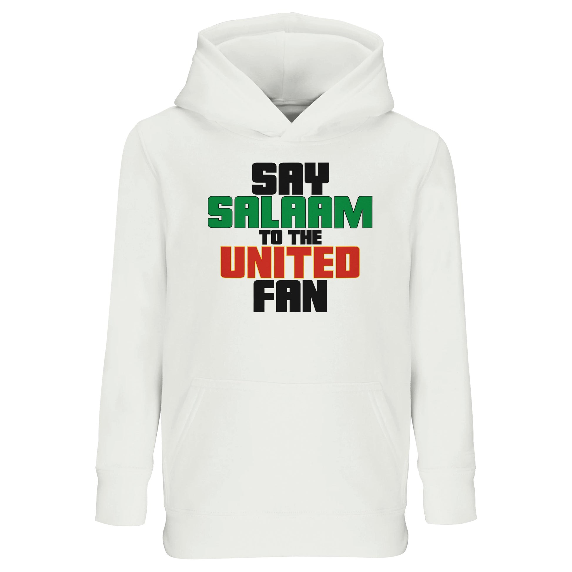 Say Salaam to the Manchester United Fan Original Part-Recycled Cotton-Poly Kids Hoodie – White / Platinum featuring bold, text-based design in Black, La Salle Green and Thunderbird Red. This children’s streetwear-style hooded top celebrates the Red Devils – from Old Trafford matchdays to Sir Alex, Cristiano Ronaldo and the 1999 treble. For young fans checking scores, repping the Stretford End, and keeping the Busby Babe spirit alive — whether watching live or scrolling transfer rumours.