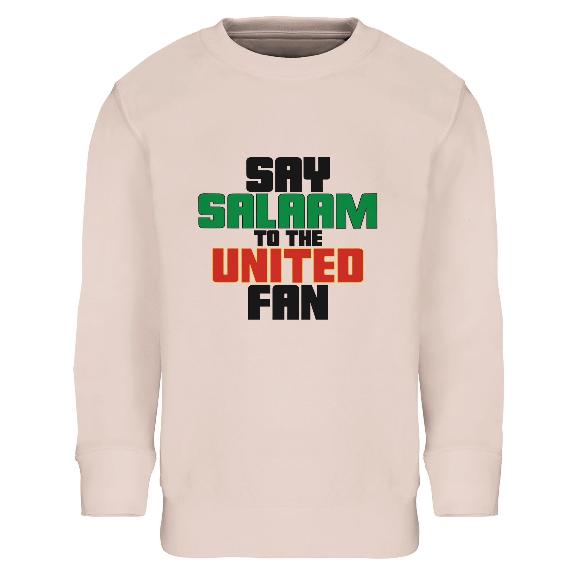 Say Salaam to the Manchester United Fan Original Part-Recycled Cotton-Poly Kids Sweatshirt – Creamy Pink / Oyster Pink featuring bold, text-based design in Black, La Salle Green and Thunderbird Red. A minimalist, matchday-ready jumper made for young Red Devils – from Cantona collars to Class of ’92 nostalgia. For kids who love Champions League nights, ask about Rashford, and scroll transfer news between prayers. A fusion of fandom, faith, and football history.