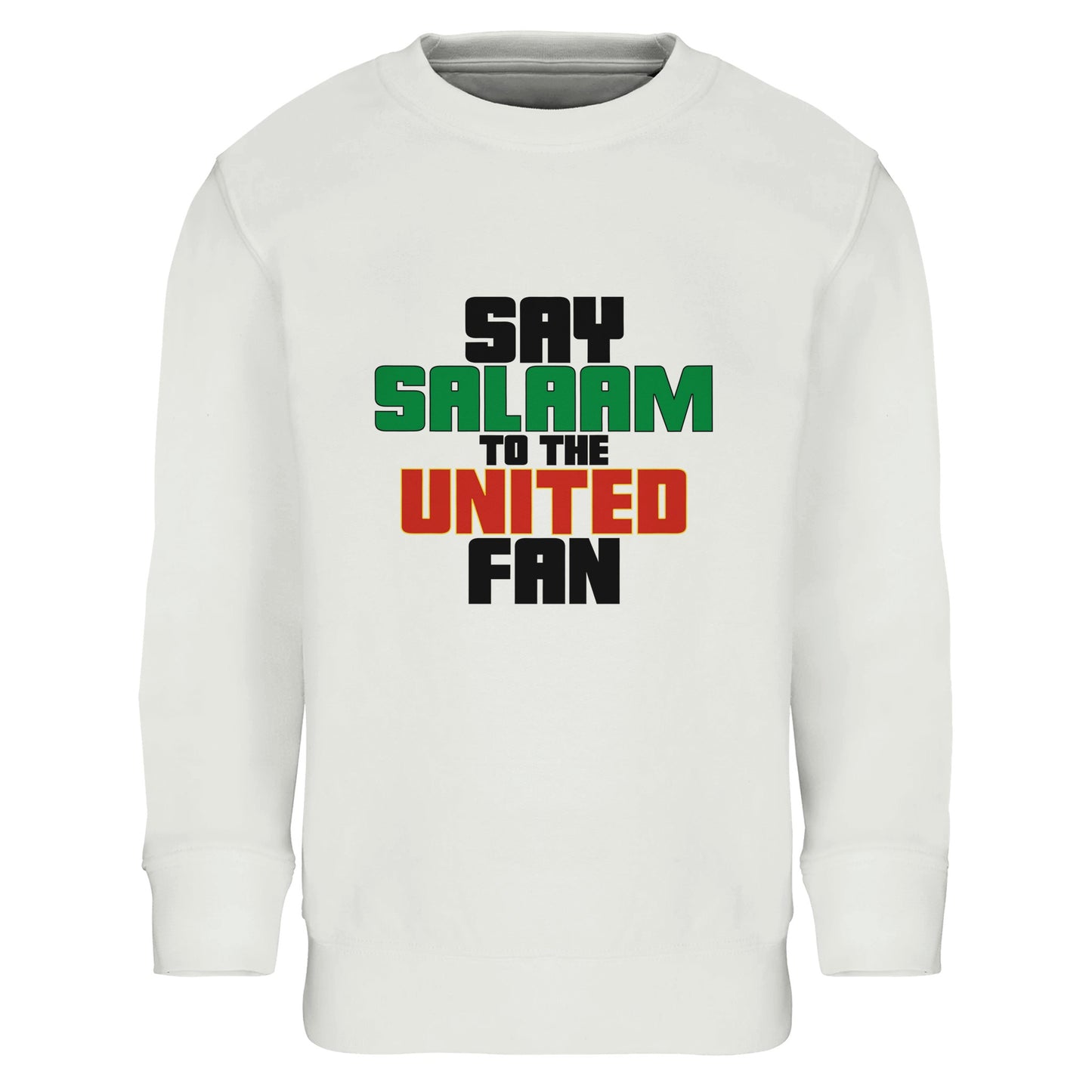 Say Salaam to the Manchester United Fan Original Part-Recycled Cotton-Poly Kids Sweatshirt – White / Platinum featuring bold, text-based design in Black, La Salle Green and Thunderbird Red. This streetwear-style sweatshirt celebrates the Red Devils – from Old Trafford matchdays to the legacy of Sir Alex, Ronaldo, and the 1999 treble. For kids checking scores, repping Stretford End pride, and keeping the Busby Babe spirit alive — whether watching live or scrolling transfer rumours.
