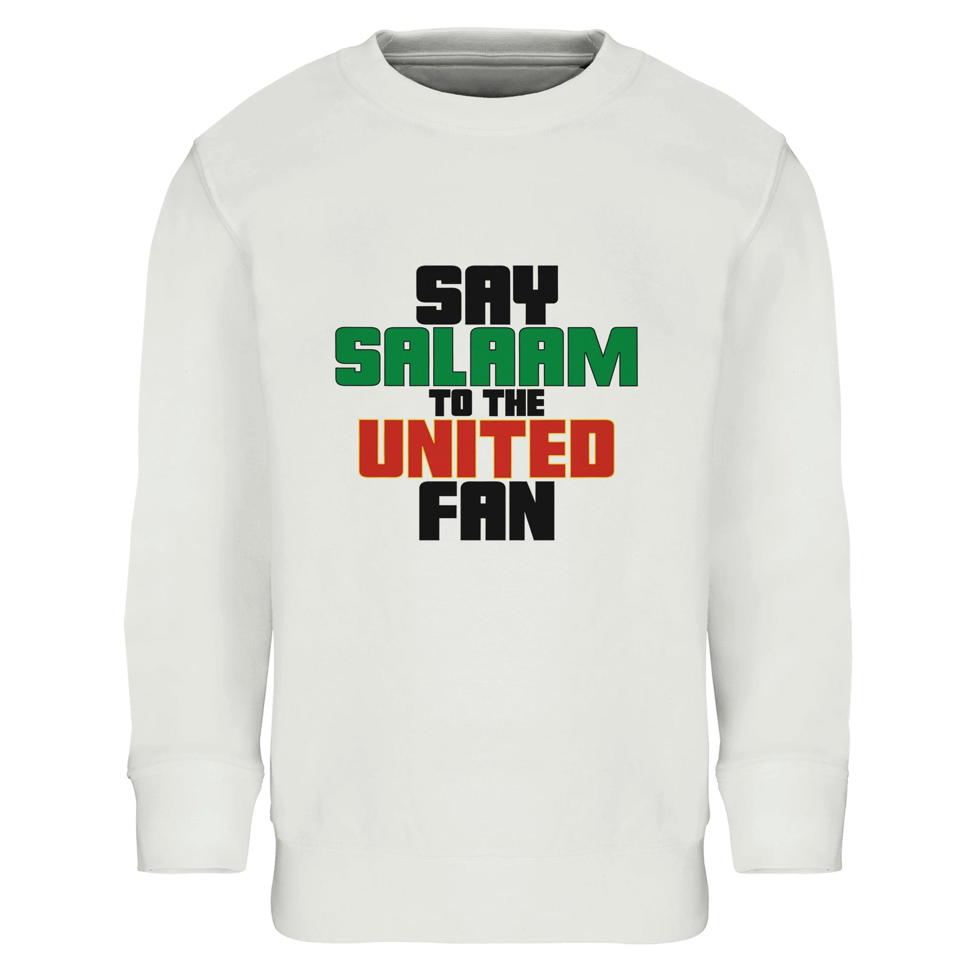 Say Salaam to the Manchester United Fan Original Part-Recycled Cotton-Poly Kids Sweatshirt – White / Platinum featuring bold, text-based design in Black, La Salle Green and Thunderbird Red. This streetwear-style sweatshirt celebrates the Red Devils – from Old Trafford matchdays to the legacy of Sir Alex, Ronaldo, and the 1999 treble. For kids checking scores, repping Stretford End pride, and keeping the Busby Babe spirit alive — whether watching live or scrolling transfer rumours.