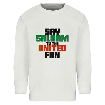 Say Salaam to the Manchester United Fan Original Part-Recycled Cotton-Poly Kids Sweatshirt – White / Platinum featuring bold, text-based design in Black, La Salle Green and Thunderbird Red. This streetwear-style sweatshirt celebrates the Red Devils – from Old Trafford matchdays to the legacy of Sir Alex, Ronaldo, and the 1999 treble. For kids checking scores, repping Stretford End pride, and keeping the Busby Babe spirit alive — whether watching live or scrolling transfer rumours.