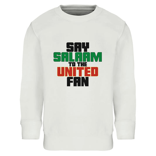 Say Salaam to the Manchester United Fan Original Part-Recycled Cotton-Poly Kids Sweatshirt – White / Platinum featuring bold, text-based design in Black, La Salle Green and Thunderbird Red. This streetwear-style sweatshirt celebrates the Red Devils – from Old Trafford matchdays to the legacy of Sir Alex, Ronaldo, and the 1999 treble. For kids checking scores, repping Stretford End pride, and keeping the Busby Babe spirit alive — whether watching live or scrolling transfer rumours.