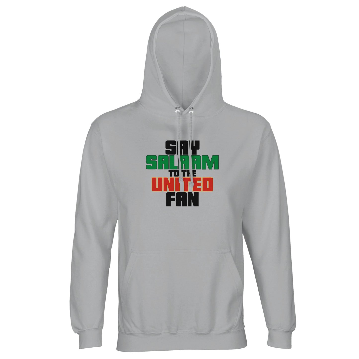 Say Salaam to the Manchester United Fan Original Part-Recycled Unisex Cotton-Poly Hoodie – Ash / Silver Chalice featuring bold, text-based design in Black, La Salle Green and Thunderbird Red. Clean and classic, this neutral tone is for diehards who rep United values without shouting. From Cantona collars to Amorim tactics, it's matchday energy with a muted edge.