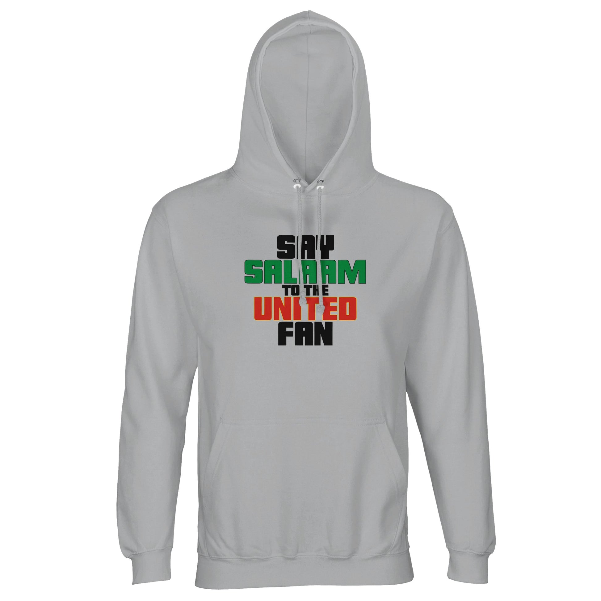 Say Salaam to the Manchester United Fan Original Part-Recycled Unisex Cotton-Poly Hoodie – Ash / Silver Chalice featuring bold, text-based design in Black, La Salle Green and Thunderbird Red. Clean and classic, this neutral tone is for diehards who rep United values without shouting. From Cantona collars to Amorim tactics, it's matchday energy with a muted edge.