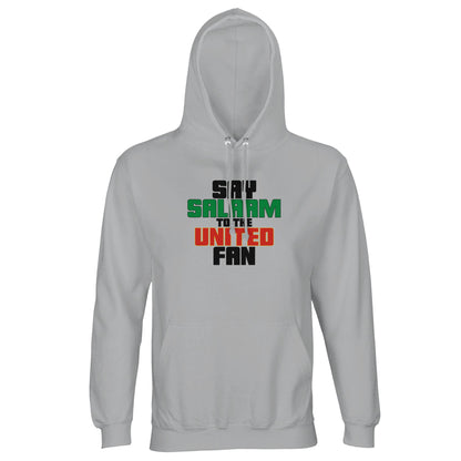 Say Salaam to the Manchester United Fan Original Part-Recycled Unisex Cotton-Poly Hoodie – Ash / Silver Chalice featuring bold, text-based design in Black, La Salle Green and Thunderbird Red. Clean and classic, this neutral tone is for diehards who rep United values without shouting. From Cantona collars to Amorim tactics, it's matchday energy with a muted edge.