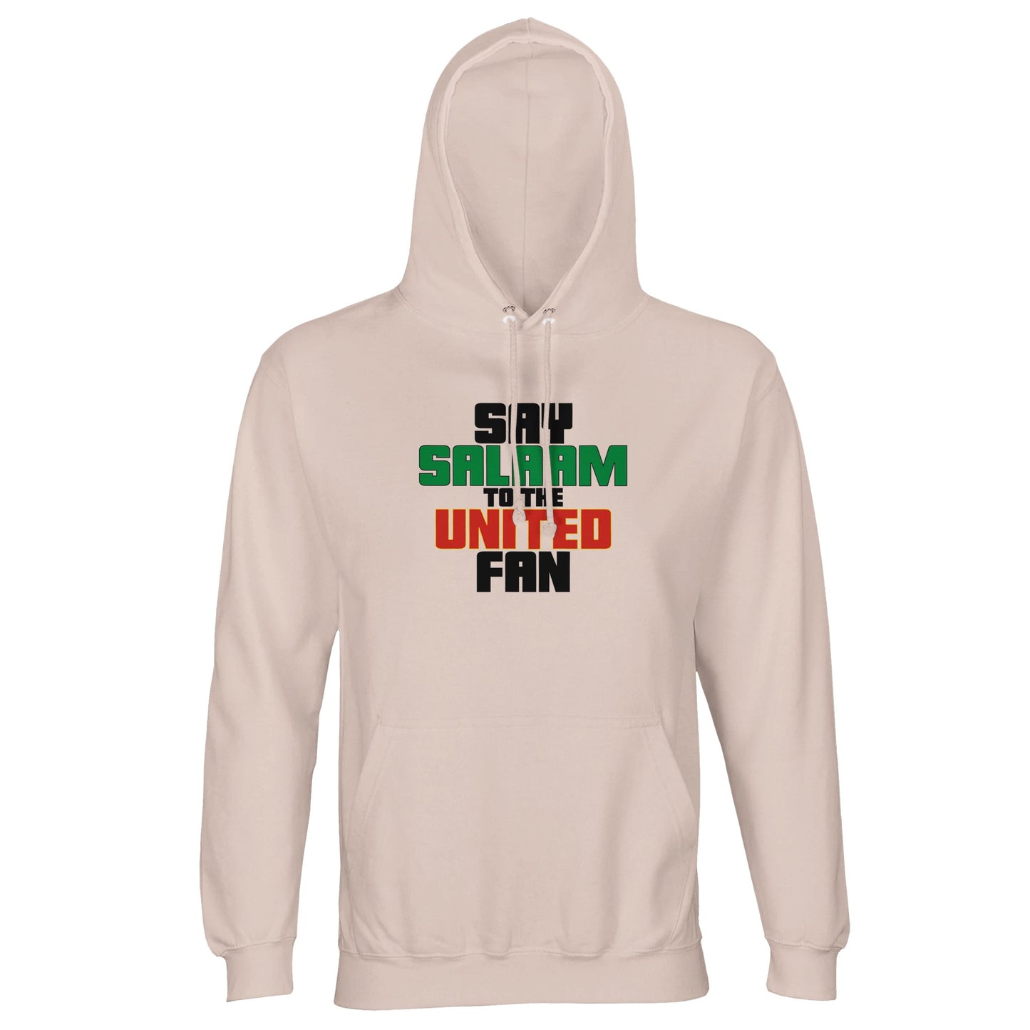 Say Salaam to the Manchester United Fan Original Part-Recycled Unisex Cotton-Poly Hoodie – Creamy Pink / Oyster Pink featuring bold, text-based design in Black, La Salle Green and Thunderbird Red. Styled for the faithful, from Class of ’92 nostalgia to Bruno brilliance, this sustainable hoodie blends softness with strength. Worn by fans repping legacy and loyalty — wherever Amorim’s next chapter takes them.