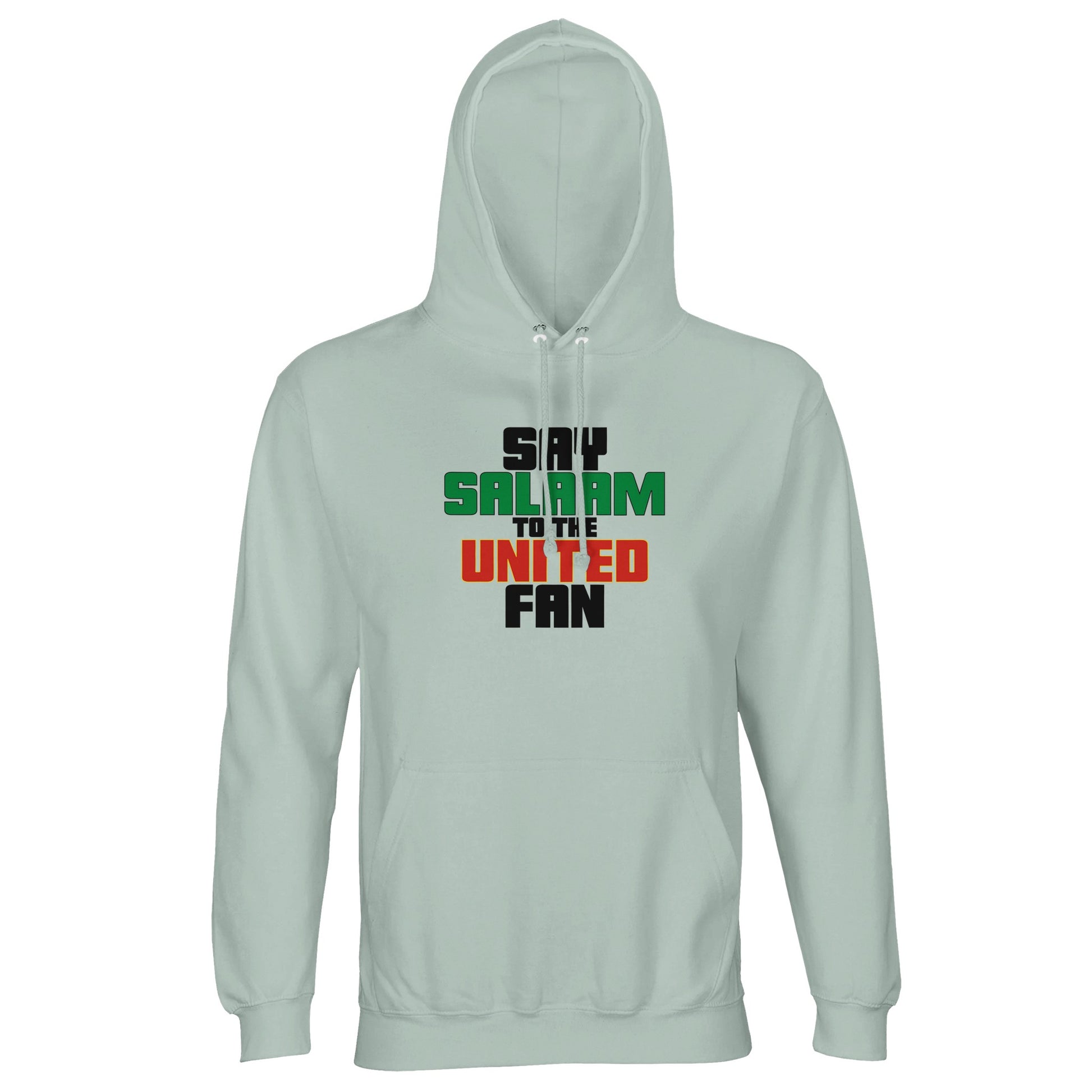 Say Salaam to the Manchester United Fan Original Part-Recycled Unisex Cotton-Poly Hoodie – Frozen Green / Opal featuring bold, text-based design in Black, La Salle Green and Thunderbird Red. Made for fans who find calm before the kick-off, this hoodie channels cool energy and fierce support. From Old Trafford winters to online debates, it’s for the Reds who stand tall through every era.