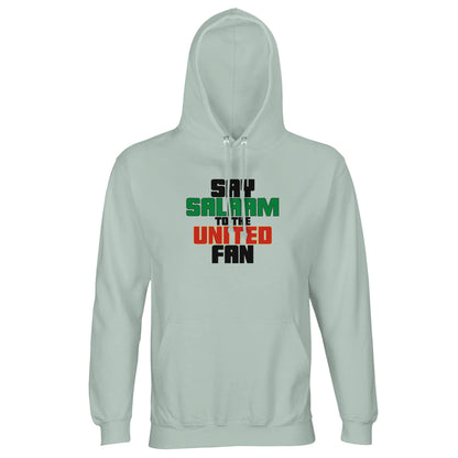 Say Salaam to the Manchester United Fan Original Part-Recycled Unisex Cotton-Poly Hoodie – Frozen Green / Opal featuring bold, text-based design in Black, La Salle Green and Thunderbird Red. Made for fans who find calm before the kick-off, this hoodie channels cool energy and fierce support. From Old Trafford winters to online debates, it’s for the Reds who stand tall through every era.