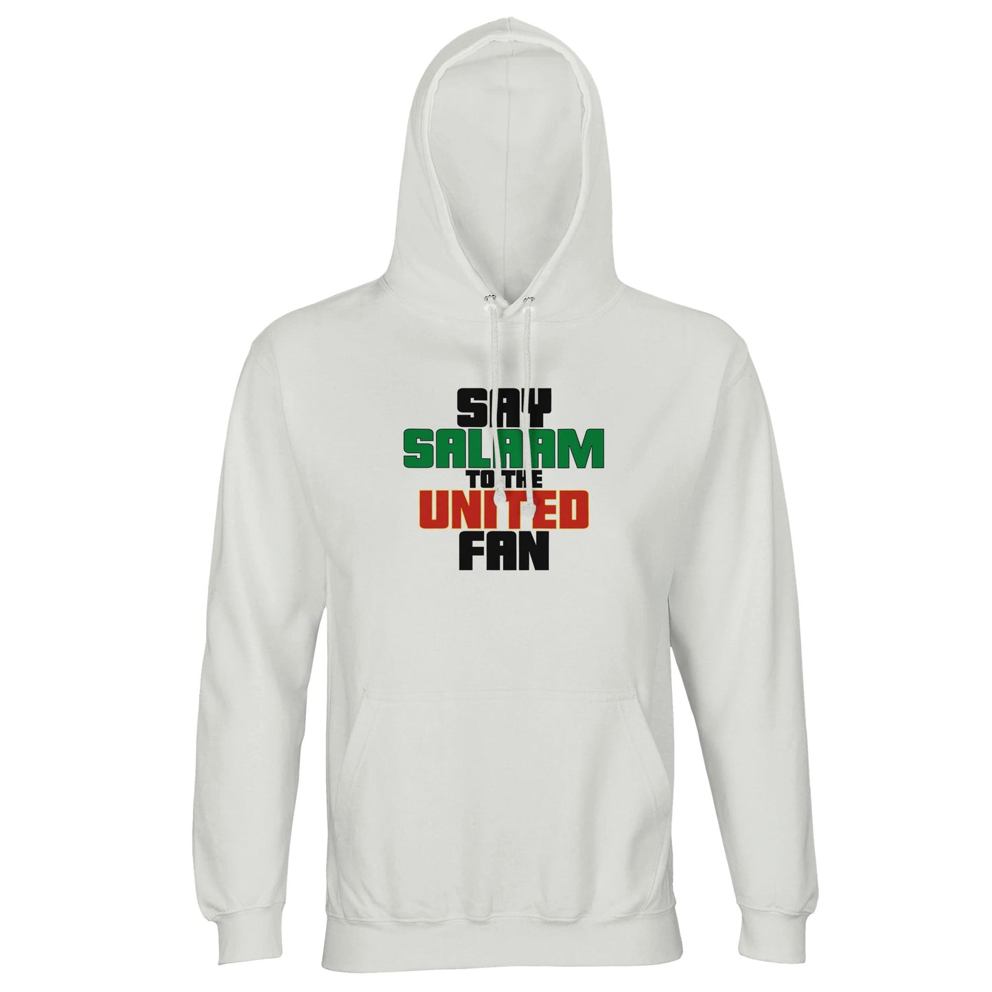 Say Salaam to the Manchester United Fan Original Part-Recycled Unisex Cotton-Poly Hoodie – White / Platinum featuring bold, text-based design in Black, La Salle Green and Thunderbird Red. Inspired by the legacy of Sir Alex, Cristiano Ronaldo and the 1999 treble, this minimalist hoodie speaks to fans who still chant for the Busby Babes. For those checking the score, backing Amorim’s rebuild, and keeping the Stretford End spirit alive — on matchday or just out and about.
