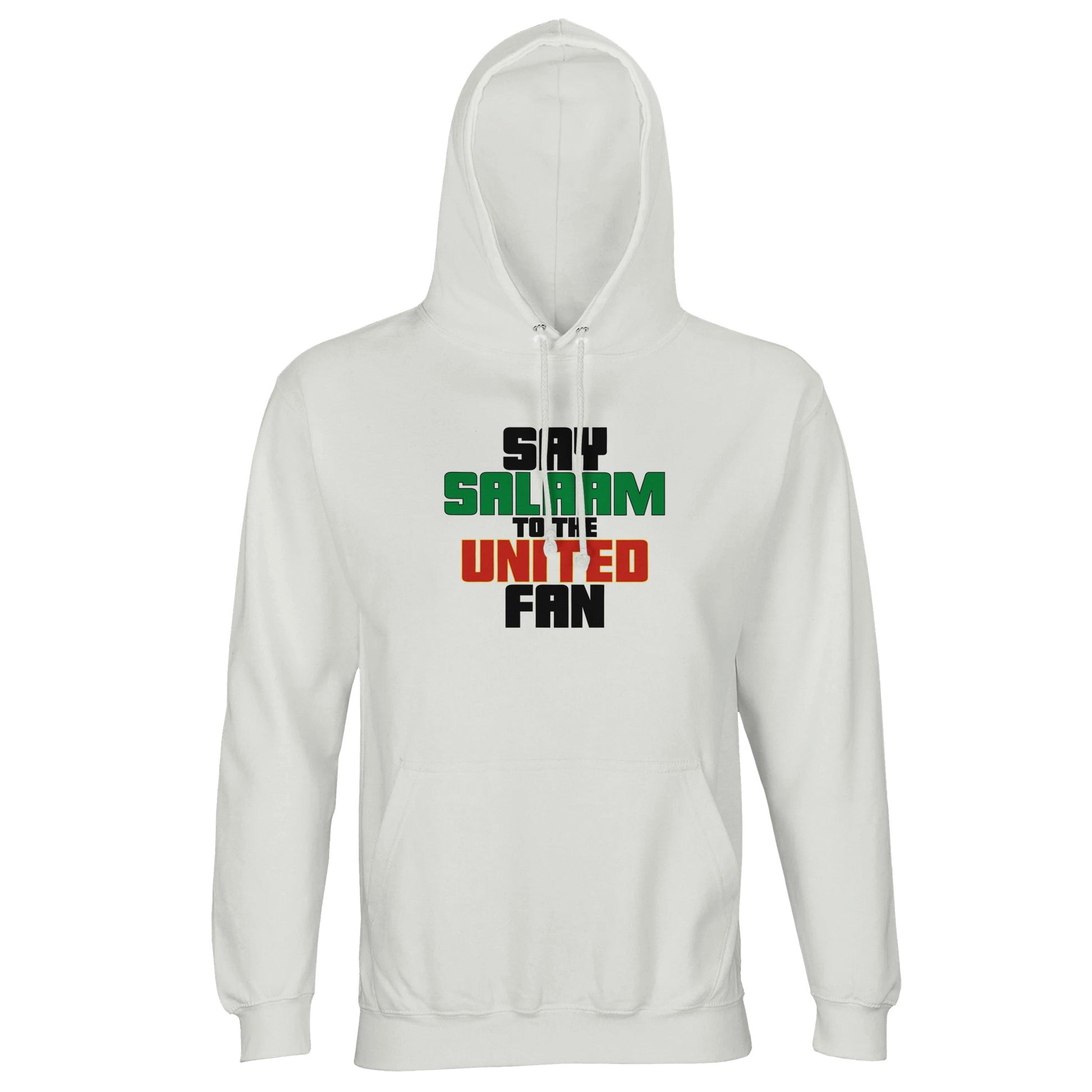 Say Salaam to the Manchester United Fan Original Part-Recycled Unisex Cotton-Poly Hoodie – White / Platinum featuring bold, text-based design in Black, La Salle Green and Thunderbird Red. Inspired by the legacy of Sir Alex, Cristiano Ronaldo and the 1999 treble, this minimalist hoodie speaks to fans who still chant for the Busby Babes. For those checking the score, backing Amorim’s rebuild, and keeping the Stretford End spirit alive — on matchday or just out and about.