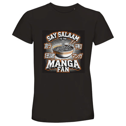 Say Salaam to the Manga Fan Design #1 50% Recycled Unisex Cotton T-Shirt – Deep Black / Zeus featuring ramen bowl artwork and bold Japanese manga lettering in soft grey tones. Built for Muslim anime fans who balance storytelling, sketching, and prayer between playlists and panels. This lightweight, recycled tee brings cultural creativity to modestwear — perfect for everyday comfort, conventions, or studio sessions. A breathable cotton shirt that celebrates Salaam as both greeting and graphic.