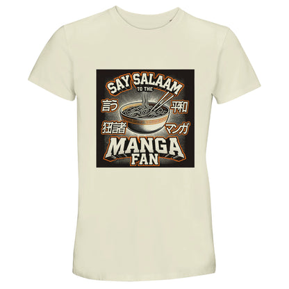Say Salaam to the Manga Fan Design #1 50% Recycled Unisex Cotton T-Shirt – Natural / Moon Mist featuring a hand-drawn ramen bowl, Japanese characters, and subtle vintage ink textures. Designed for Muslim manga fans and anime creatives who enjoy quiet style with expressive flair. The smooth 50% recycled cotton blend offers all-day comfort, while the message reminds wearers that art and faith share the same page. A soft, modest tee that turns ‘Salaam’ into the hero of every story.