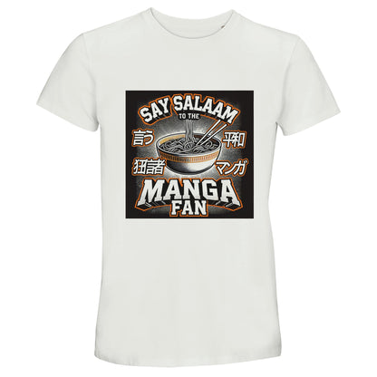 Say Salaam to the Manga Fan Design #1 50% Recycled Unisex Cotton T-Shirt – White / Platinum featuring an illustrated ramen bowl with chopsticks, manga halftones, and Japanese katakana lettering. A short-sleeve crew neck made for anime lovers and Muslim manga fans who see faith and fandom as one art form. Lightweight, breathable, and easy to style, this cotton tee adds cultural charm to modest wardrobes — perfect for con visits, café sketches, or summer reads under sunlight and reflection.