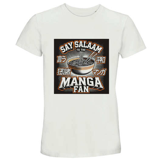 Say Salaam to the Manga Fan Design #1 50% Recycled Unisex Cotton T-Shirt – White / Platinum featuring an illustrated ramen bowl with chopsticks, manga halftones, and Japanese katakana lettering. A short-sleeve crew neck made for anime lovers and Muslim manga fans who see faith and fandom as one art form. Lightweight, breathable, and easy to style, this cotton tee adds cultural charm to modest wardrobes — perfect for con visits, café sketches, or summer reads under sunlight and reflection.