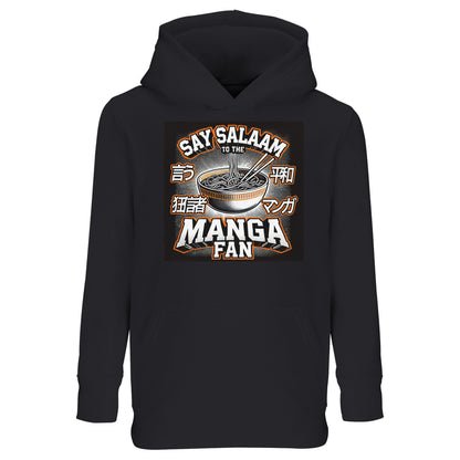 Say Salaam to the Manga Fan Design #1 Part-Recycled Cotton-Poly Kids Hoodie – Black / Onyx with white, beige and grey manga illustration featuring ramen, chopsticks and Japanese text. A cosy brushed fleece hoodie for Muslim kids balancing anime fandom and everyday modesty. Soft, durable and easy to wear, it celebrates both creativity and culture — perfect for drawing, streaming or weekend meet-ups. A faith-aware top that blends manga expression with the meaning behind Salaam.