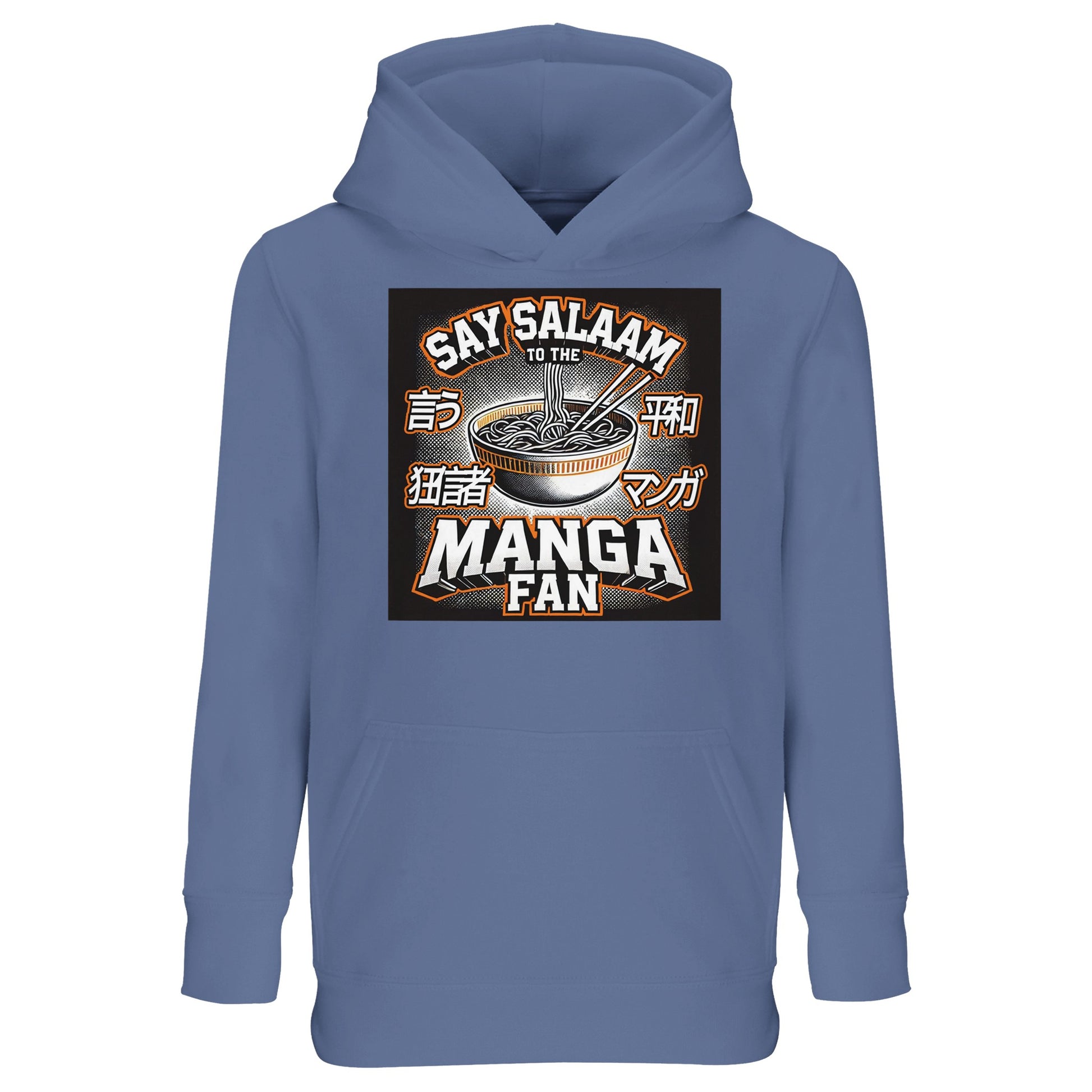Say Salaam to the Manga Fan Design #1 Part-Recycled Cotton-Poly Kids Hoodie – Blue / Denim Shade featuring a hand-illustrated manga ramen bowl and chopsticks. Designed for Muslim manga fans who value both artistic curiosity and modest comfort. The soft fleece lining and durable finish make it perfect for reading, sketching, or family gatherings. A thoughtful hoodie for the ones who live their story with Salaam.