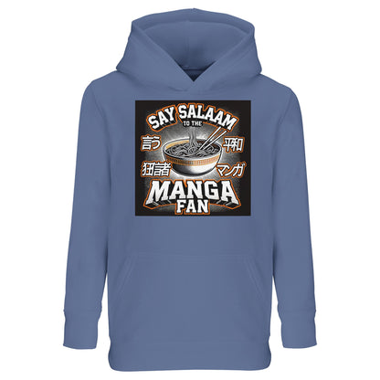 Say Salaam to the Manga Fan Design #1 Part-Recycled Cotton-Poly Kids Hoodie – Blue / Denim Shade featuring a hand-illustrated manga ramen bowl and chopsticks. Designed for Muslim manga fans who value both artistic curiosity and modest comfort. The soft fleece lining and durable finish make it perfect for reading, sketching, or family gatherings. A thoughtful hoodie for the ones who live their story with Salaam.