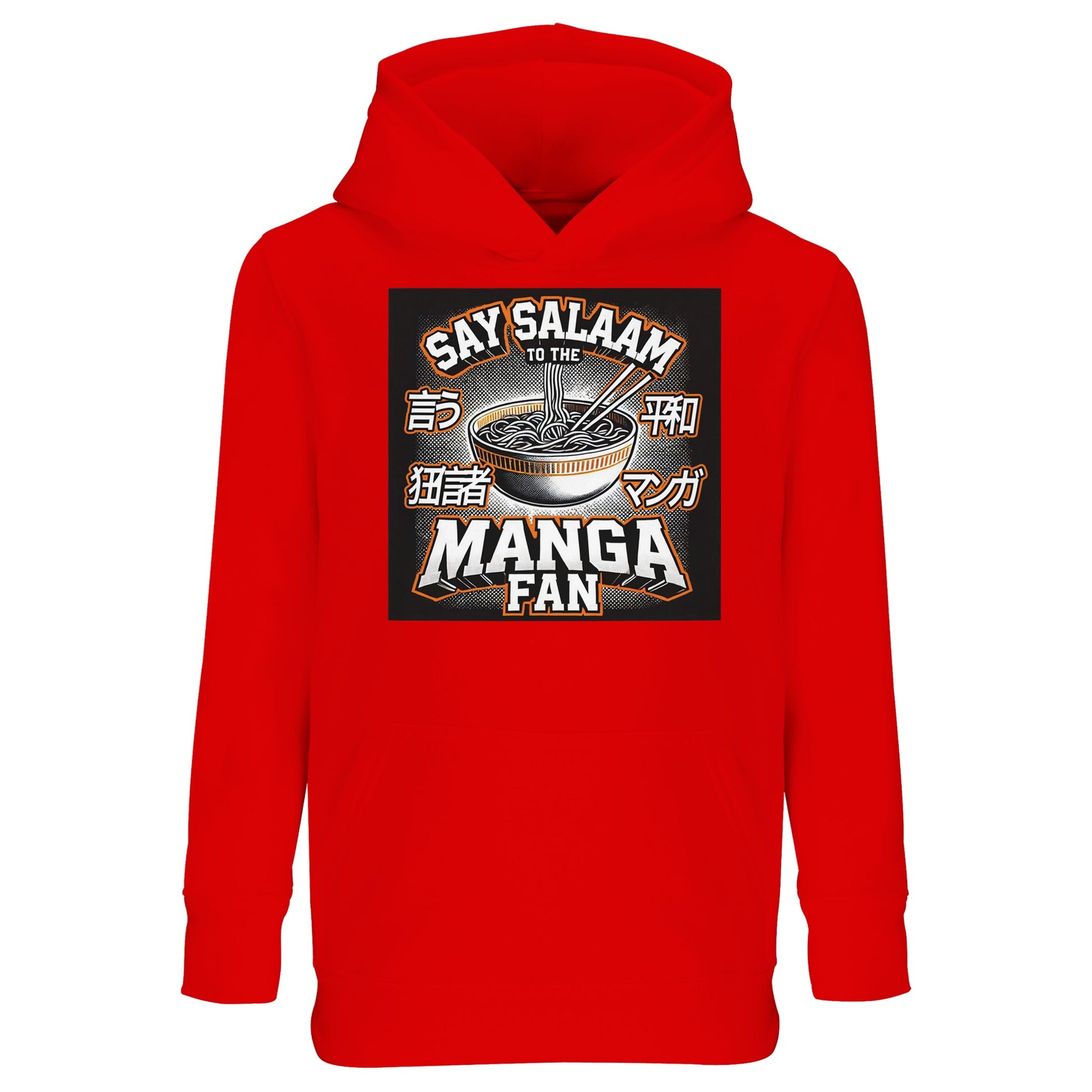 Say Salaam to the Manga Fan Design #1 Part-Recycled Cotton-Poly Kids Hoodie – Bright Red / Rosso Corsa featuring a bold ramen bowl and Japanese-lettered manga artwork. Designed for Muslim children who read graphic novels, play football and follow anime openings with devotion. The soft fleece and relaxed fit keep warmth close, while the design brings art and identity together. A modest, faith-minded hoodie for manga lovers who live by both storylines and sincerity.