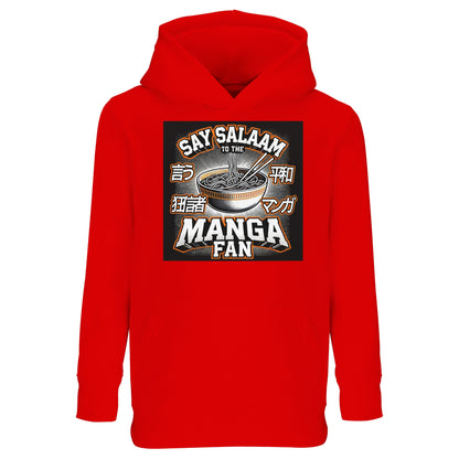 Say Salaam to the Manga Fan Design #1 Part-Recycled Cotton-Poly Kids Hoodie – Bright Red / Rosso Corsa featuring a bold ramen bowl and Japanese-lettered manga artwork. Designed for Muslim children who read graphic novels, play football and follow anime openings with devotion. The soft fleece and relaxed fit keep warmth close, while the design brings art and identity together. A modest, faith-minded hoodie for manga lovers who live by both storylines and sincerity.