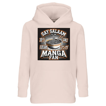 Say Salaam to the Manga Fan Design #1 Part-Recycled Cotton-Poly Kids Hoodie – Creamy Pink / Sakura Tint featuring ramen, chopsticks, and comic-panel style text in soft neutral tones. A warm, modest hoodie for Muslim kids who love manga marathons and gentle aesthetics. With its fleece softness and durable stitching, it combines culture, comfort, and care in one wearable illustration of Salaam.