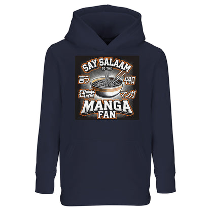 Say Salaam to the Manga Fan Design #1 Part-Recycled Cotton-Poly Kids Hoodie – French Navy / Indigo Clay featuring ramen, chopsticks, and bold manga-style typography. A warm, modest hoodie for Muslim kids who draw panels, read shonen stories, or stream anime between homework and salah. Made for durability, comfort, and expression, it carries the message of Salaam across cultures — where art and faith share the same ink.