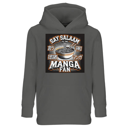 Say Salaam to the Manga Fan Design #1 Part-Recycled Cotton-Poly Kids Hoodie – Grey Melange / Heather Tone featuring a stylised ramen bowl in vintage manga tones. Perfect for Muslim children exploring stories, art and kindness. With brushed fleece lining and a soft, relaxed fit, it’s ideal for chilly days or after-school anime sessions. Modest, expressive, and easy-care, this hoodie makes Salaam part of the story world they love.