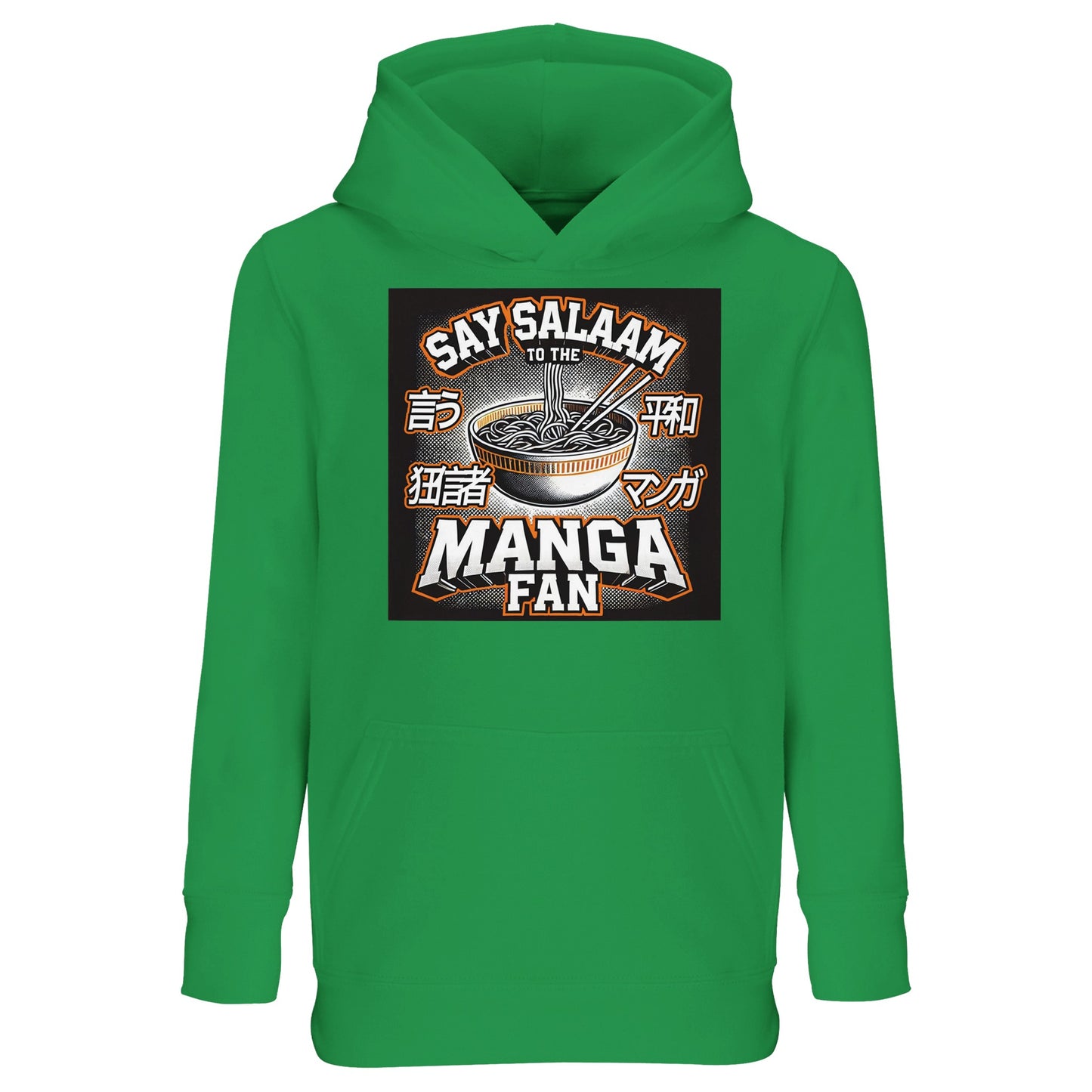 Say Salaam to the Manga Fan Design #1 Part-Recycled Cotton-Poly Kids Hoodie – Kelly Green / Matcha Tint featuring manga ramen artwork with Japanese katakana and comic-inspired shadows. A unisex, modest pullover for Muslim children who sketch, read, and celebrate both culture and character. With brushed fleece warmth and soft cotton texture, it’s made for imagination, faith and friendship.