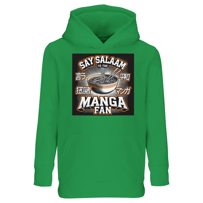 Say Salaam to the Manga Fan Design #1 Part-Recycled Cotton-Poly Kids Hoodie – Kelly Green / Matcha Tint featuring manga ramen artwork with Japanese katakana and comic-inspired shadows. A unisex, modest pullover for Muslim children who sketch, read, and celebrate both culture and character. With brushed fleece warmth and soft cotton texture, it’s made for imagination, faith and friendship.