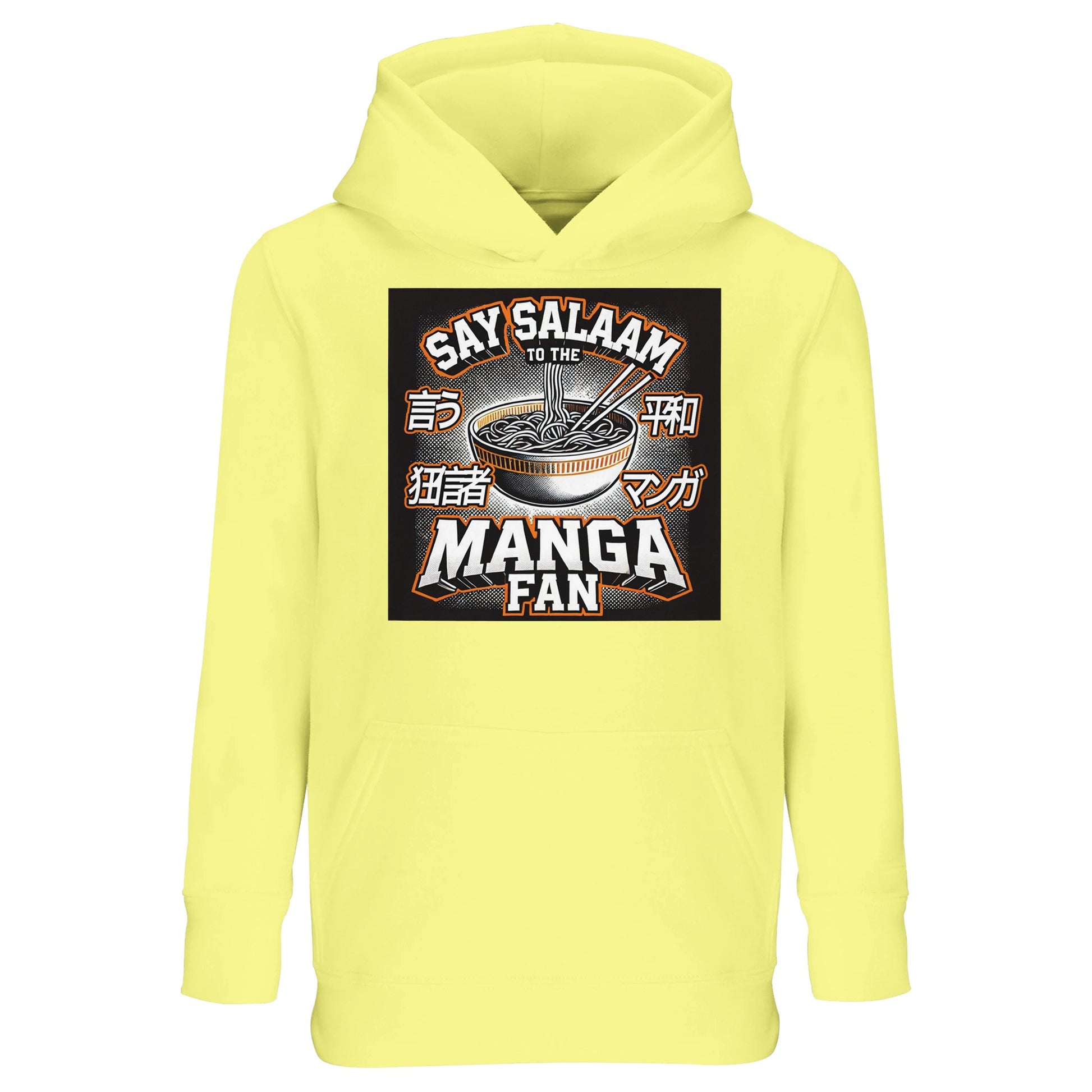 Say Salaam to the Manga Fan Design #1 Part-Recycled Cotton-Poly Kids Hoodie – Light Yellow / Lemon Chiffon featuring playful manga-style ramen art with Japanese lettering. Soft, sustainable, and faith-friendly streetwear for Muslim kids who love storytelling, sketching, comic books and smiles. Its relaxed fit and brushed fleece lining make it a warm layer for both quiet reading and energetic play.