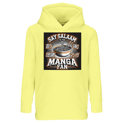 Say Salaam to the Manga Fan Design #1 Part-Recycled Cotton-Poly Kids Hoodie – Light Yellow / Lemon Chiffon featuring playful manga-style ramen art with Japanese lettering. Soft, sustainable, and faith-friendly streetwear for Muslim kids who love storytelling, sketching, comic books and smiles. Its relaxed fit and brushed fleece lining make it a warm layer for both quiet reading and energetic play.