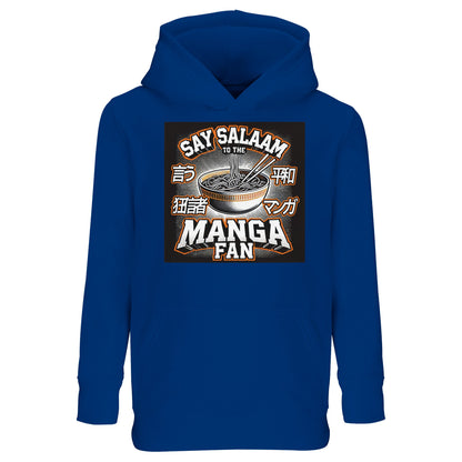 Say Salaam to the Manga Fan Design #1 Part-Recycled Cotton-Poly Kids Hoodie – Royal Blue / Azure featuring comic-style ramen art, chopsticks, and hand-drawn Japanese lettering. A soft, durable pullover for Muslim manga fans who love creativity, kindness, and colour. Perfect for prayer breaks between anime marathons or sketching after class. This hoodie turns a simple greeting into a message of shared imagination, faith, and fun.