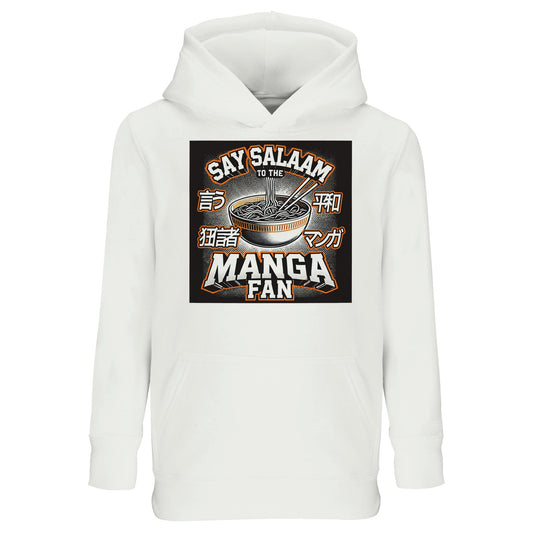 Say Salaam to the Manga Fan Design #1 Part-Recycled Cotton-Poly Kids Hoodie – White / Platinum featuring a ramen bowl and chopsticks graphic framed by Japanese katakana text and manga halftone shading. A soft, durable hoodie for Muslim anime fans who love sketching scenes, watching Studio Ghibli or Naruto after school, or reading Shonen manga between prayers. With its brushed fleece warmth and relaxed fit, this modest pullover mixes faith, fandom and comfort for creative young dreamers.