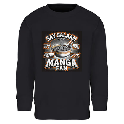 Say Salaam to the Manga Fan Design #1 Part-Recycled Cotton-Poly Kids Sweatshirt – Black / Onyx featuring vivid ramen-bowl artwork, chopsticks, and textured comic halftones. Designed for Muslim manga lovers who stream anime or flip through graphic novels after homework. The cosy brushed fleece lining keeps warmth in, while ribbed cuffs ensure a clean, modest fit. A soft, durable layer made for storytelling souls, matching faith and fandom through a universally cool greeting: Salaam.