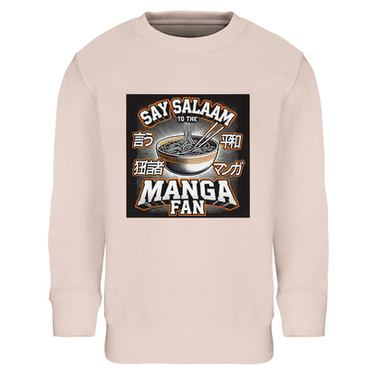 Say Salaam to the Manga Fan Design #1 Part-Recycled Cotton-Poly Kids Sweatshirt – Creamy Pink / Sakura Tint featuring illustrated ramen and Japanese typography in comic tones. A warm, modest pullover for Muslim kids with sketchbooks full of heroes and hopeful storylines. The soft brushed interior and snug ribbed trim make it ideal for cooler days. Part art, part apparel, and wholly thoughtful — designed for fans whose faith and creativity are always in dialogue.