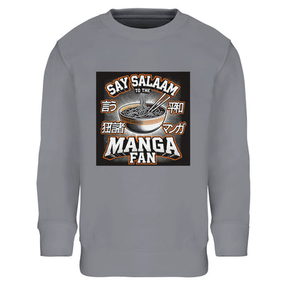 Say Salaam to the Manga Fan Design #1 Part-Recycled Cotton-Poly Kids Sweatshirt – Grey Melange / Heather Steel featuring monochrome manga-inspired artwork with ramen and Japanese typography. A soft, modest long-sleeved pullover designed for Muslim kids who love comics, sketchbooks, and culture. With brushed fleece lining and ribbed detailing, it delivers warmth, comfort, and quiet creativity. Easy to wear from study to suhoor, it’s the sweatshirt that speaks Salaam in every frame.